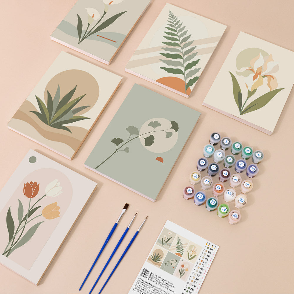 Quiet Botanicals mini paint by numbers kit with six numbered canvases, acrylic paints, brushes and layout