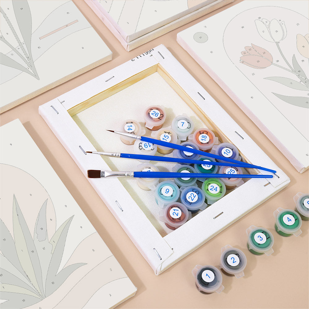 Numbered paint pots and brushes on a pre-stretched Quiet Botanicals mini canvas