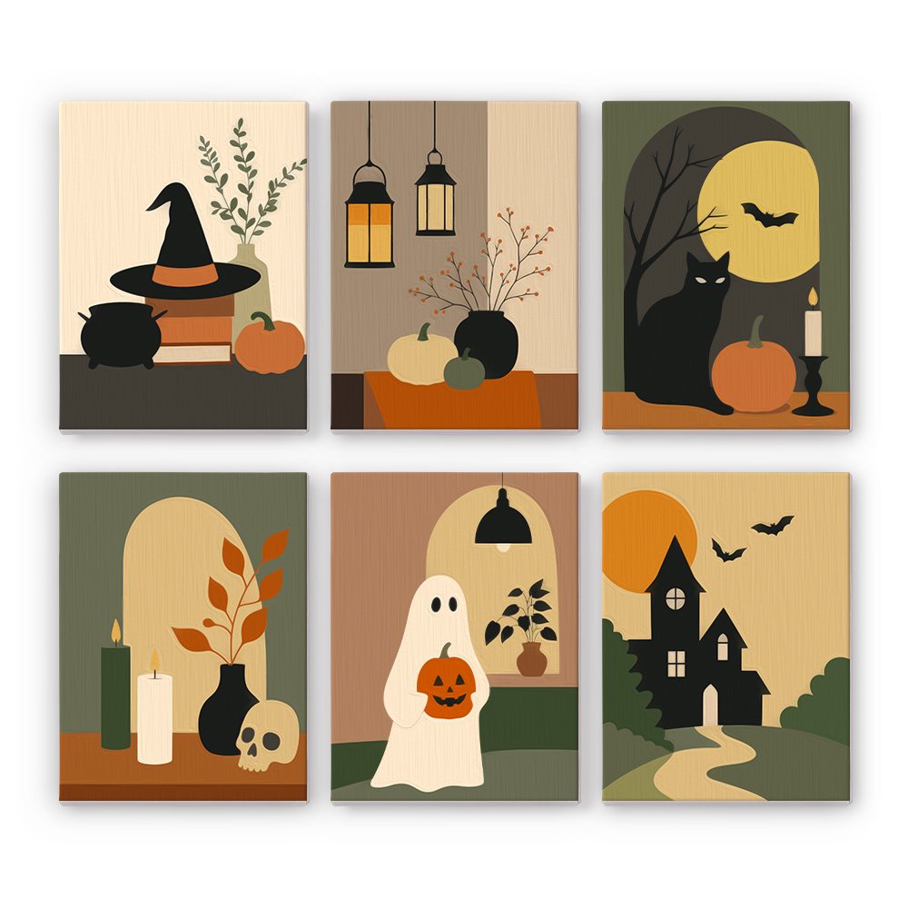Quiet Hauntings mini paint by numbers set: six minimalist Halloween still lifes in muted tones with a witch hat, lanterns, a cat, candles, a ghost and a house