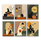 Quiet Hauntings mini paint by numbers set: six minimalist Halloween still lifes in muted tones with a witch hat, lanterns, a cat, candles, a ghost and a house