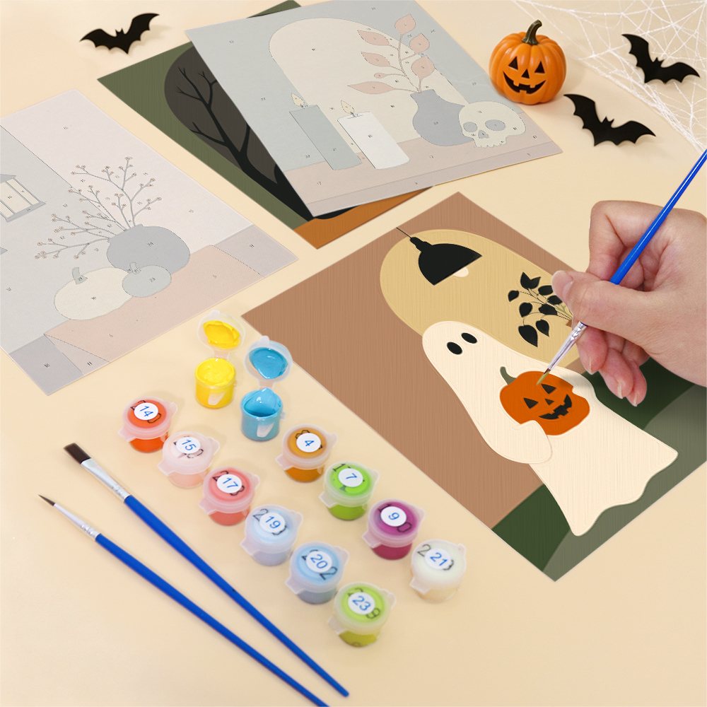 Filling in a Quiet Hauntings mini canvas with numbered acrylic paints and a fine brush