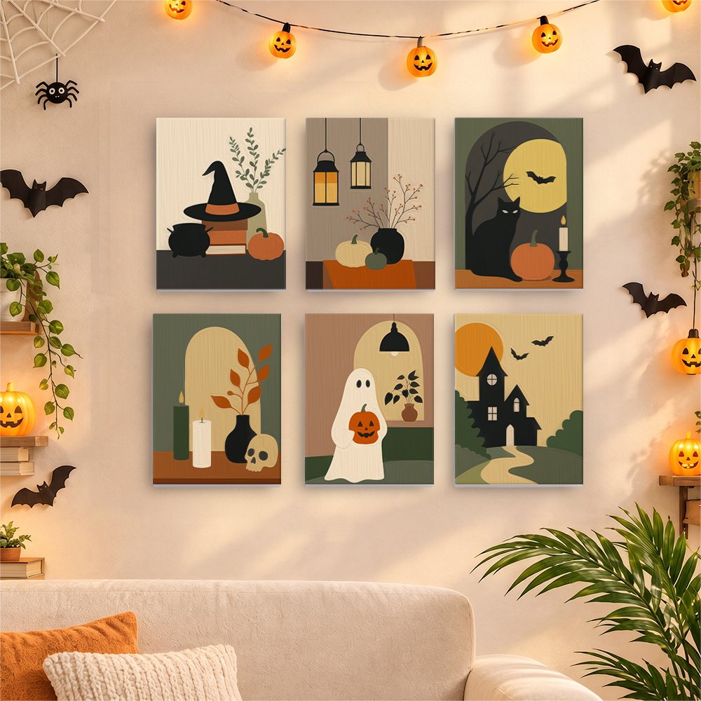 Six finished Quiet Hauntings mini paintings hung on a wall above a table