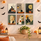 Quiet Hauntings mini paintings displayed as a gallery wall in a sunny kitchen