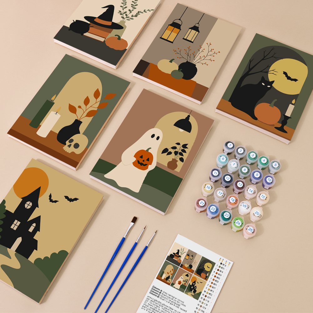 Quiet Hauntings mini paint by numbers kit with six numbered canvases, acrylic paints, brushes and layout