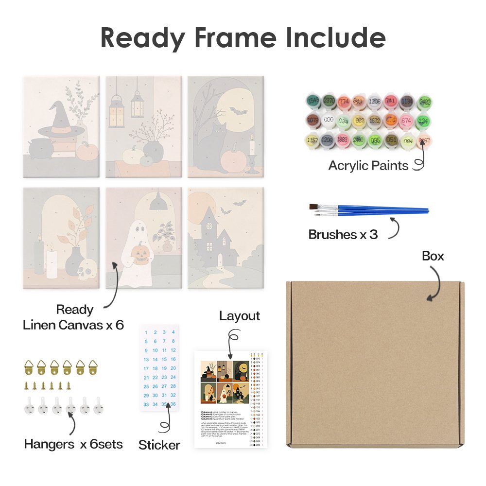 What's included pre-stretched on frame: six framed Quiet Hauntings mini canvases, paints, three brushes, hangers and layout