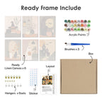 What's included pre-stretched on frame: six framed Quiet Hauntings mini canvases, paints, three brushes, hangers and layout