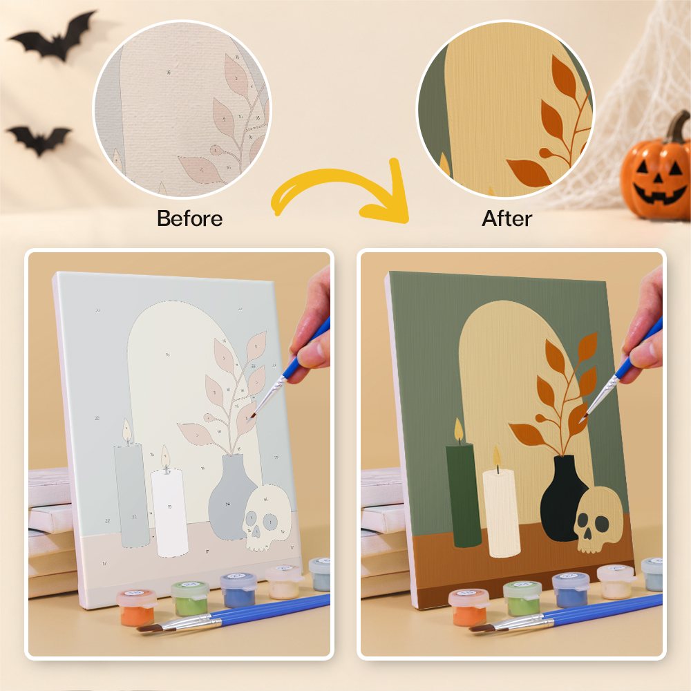 Before and after of a Quiet Hauntings mini paint by numbers canvas