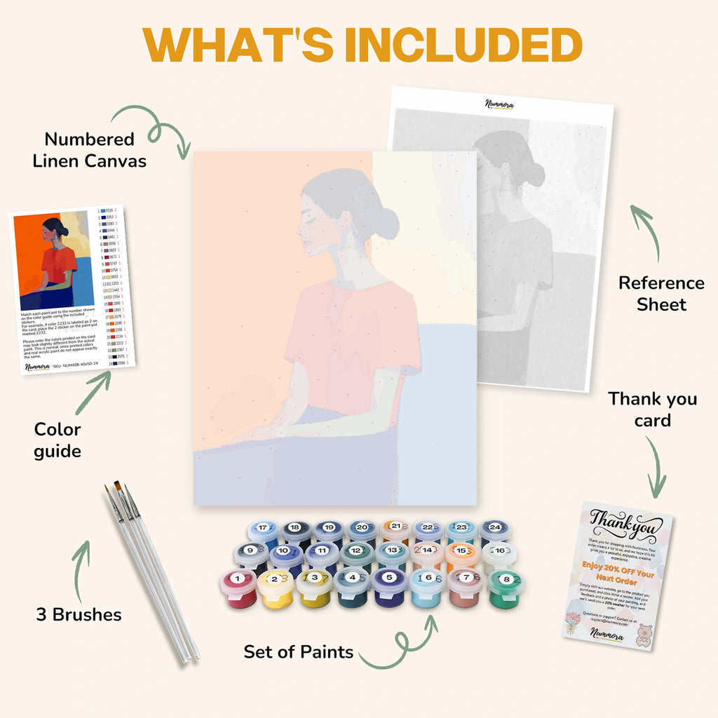 What's included in the Quiet Pause paint by numbers kit: numbered linen canvas, reference sheet, color guide, 24 acrylic paints, 3 brushes and thank you card