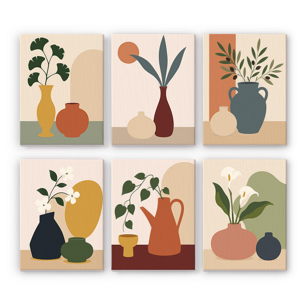 Quiet Vessels mini paint by numbers set: six minimalist still lifes of ceramic vases with branches and flowers