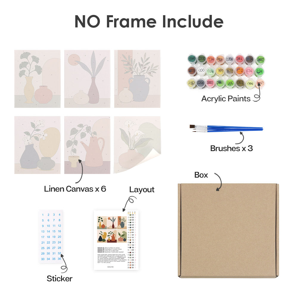 What's included without a frame: six rolled Quiet Vessels mini canvases, acrylic paints, three brushes and layout