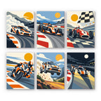 Race Day mini paint by numbers set: six racing designs of sports cars, an open-wheel racer, a superbike and a rally car