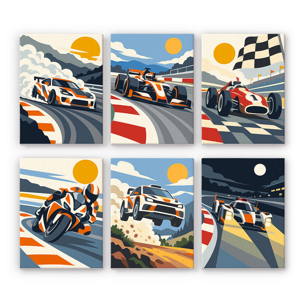 Race Day mini paint by numbers set: six racing designs of sports cars, an open-wheel racer, a superbike and a rally car