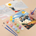 Filling in a Race Day mini canvas with numbered acrylic paints and a fine brush