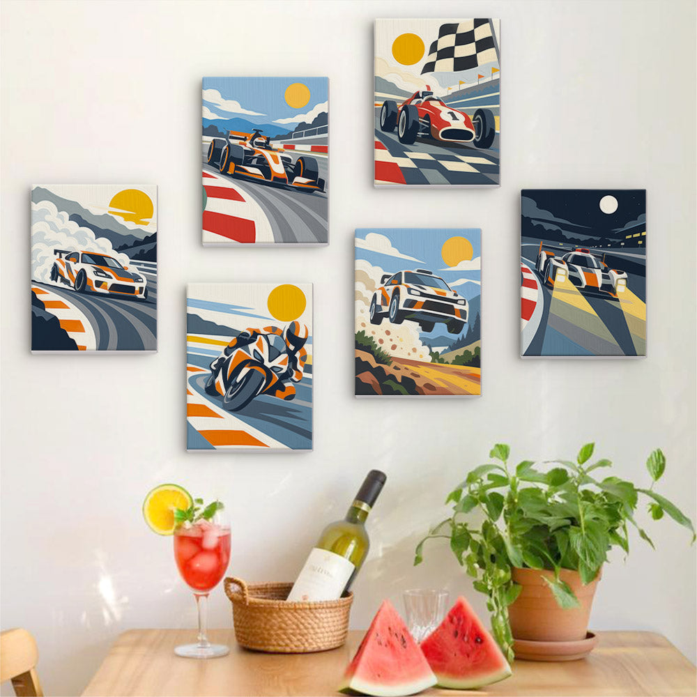Six finished Race Day mini paintings hung on a wall above a table