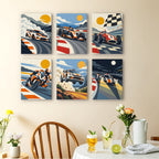 Race Day mini paintings displayed as a gallery wall in a sunny kitchen