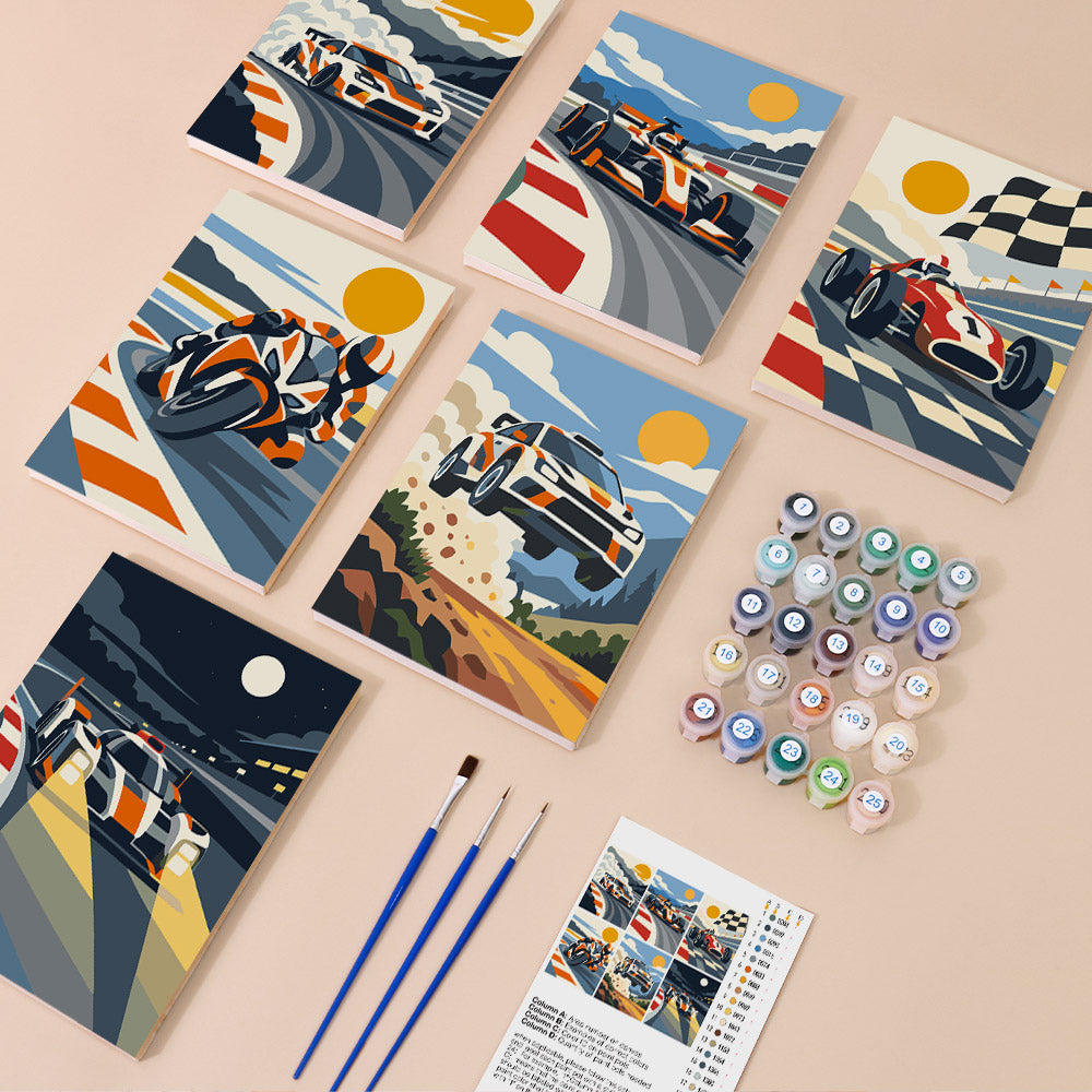 Race Day mini paint by numbers kit with six numbered canvases, acrylic paints, brushes and layout