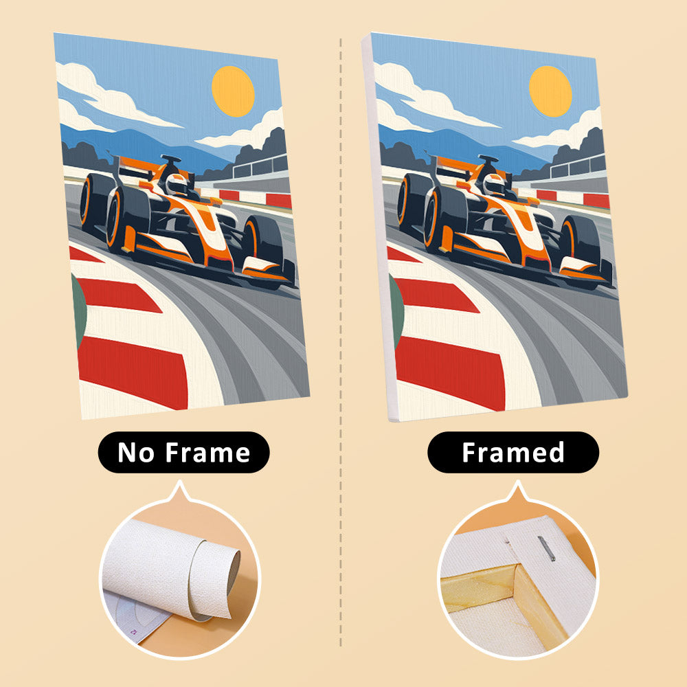 Race Day mini canvas shown rolled without a frame and pre-stretched on a frame