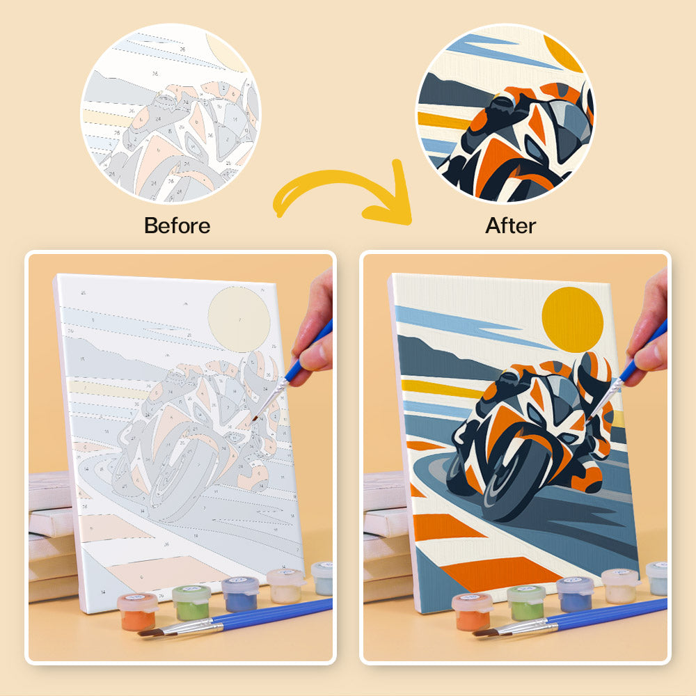 Before and after of a Race Day mini paint by numbers canvas