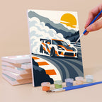 Painting a Race Day mini canvas propped up beside numbered acrylic paints