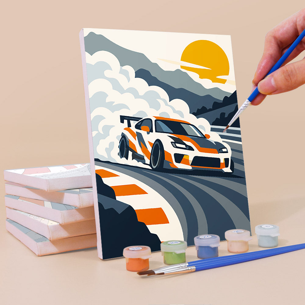 Painting a Race Day mini canvas propped up beside numbered acrylic paints