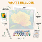 What's included in the Radiance of Yellow paint by numbers kit: numbered linen canvas, reference sheet, color guide, 24 acrylic paints, 3 brushes and thank you card