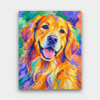 Rainbow Retriever paint by numbers kit of a golden retriever portrait in bold orange, violet and green Fauvist brushwork