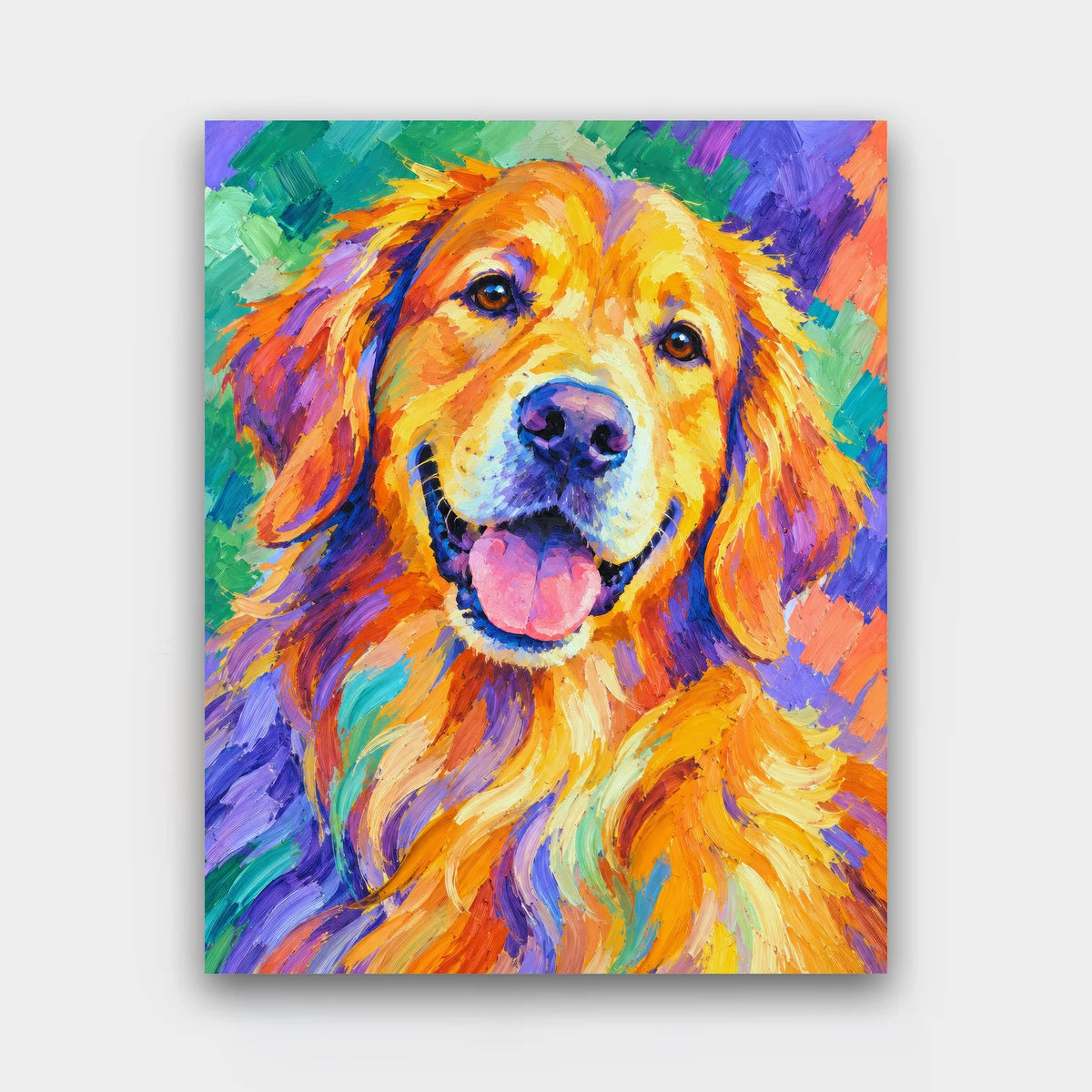 Rainbow Retriever paint by numbers kit of a golden retriever portrait in bold orange, violet and green Fauvist brushwork