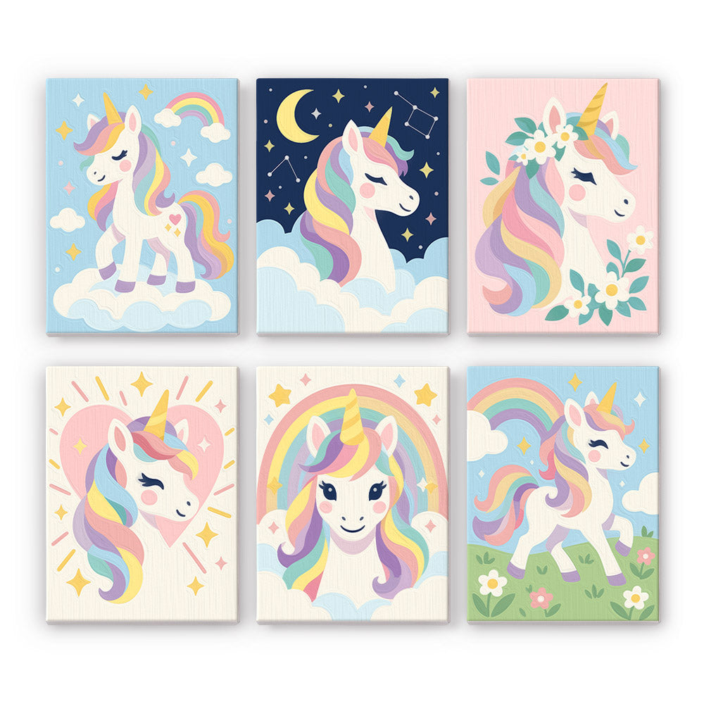 Rainbow Unicorns mini paint by numbers set: six designs of pastel unicorns with rainbow manes, clouds, stars and flowers