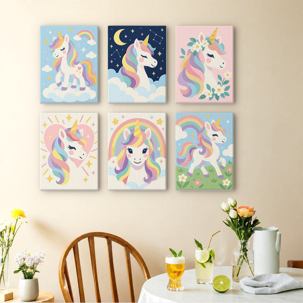 Rainbow Unicorns mini paintings displayed as a gallery wall in a sunny kitchen