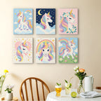 Rainbow Unicorns mini paintings displayed as a gallery wall in a sunny kitchen
