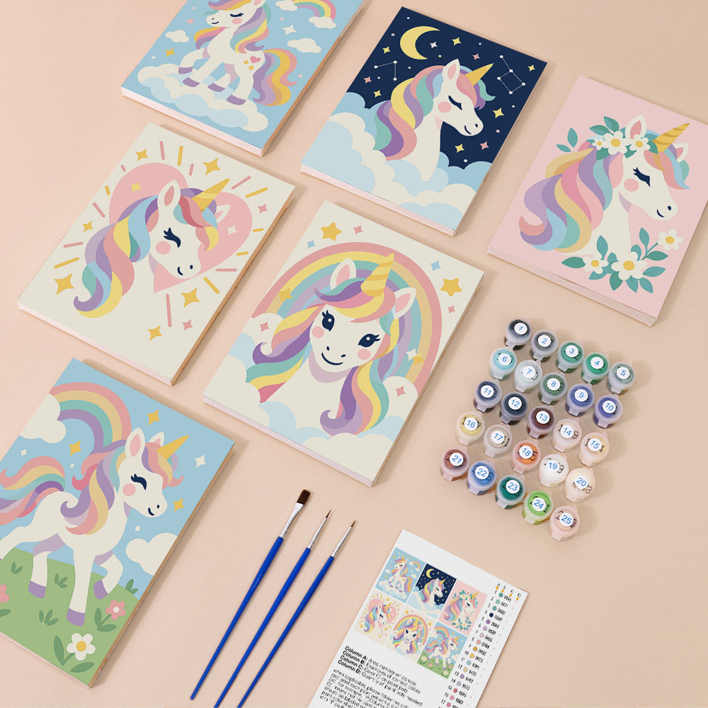 Rainbow Unicorns mini paint by numbers kit with six numbered canvases, acrylic paints, brushes and layout
