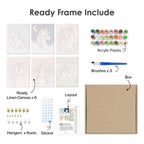 What's included pre-stretched on frame: six framed Rainbow Unicorns mini canvases, paints, three brushes, hangers and layout