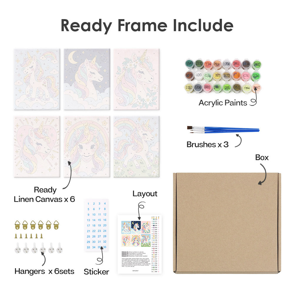What's included pre-stretched on frame: six framed Rainbow Unicorns mini canvases, paints, three brushes, hangers and layout
