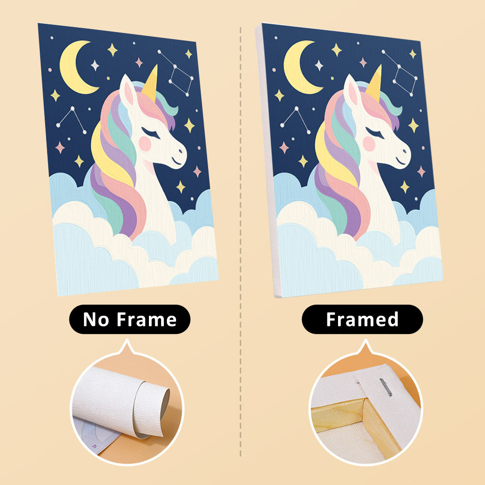 Rainbow Unicorns mini canvas shown rolled without a frame and pre-stretched on a frame