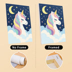 Rainbow Unicorns mini canvas shown rolled without a frame and pre-stretched on a frame
