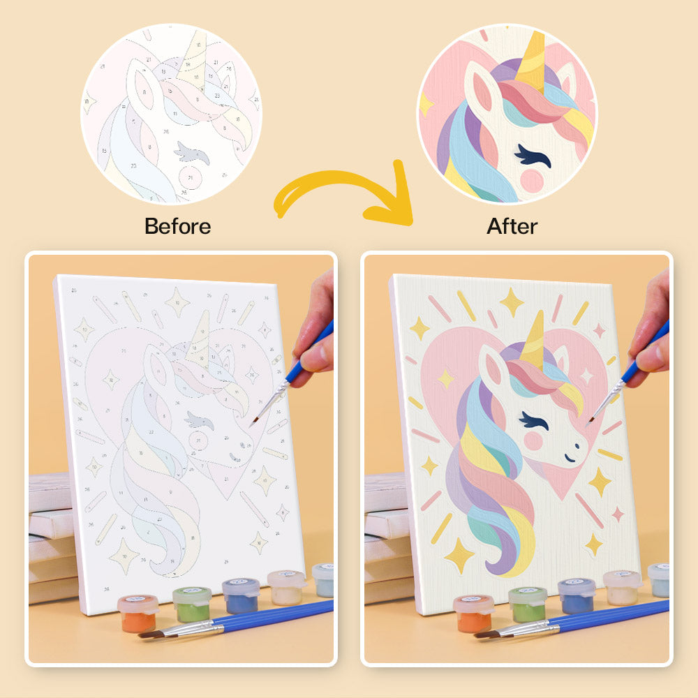 Before and after of a Rainbow Unicorns mini paint by numbers canvas