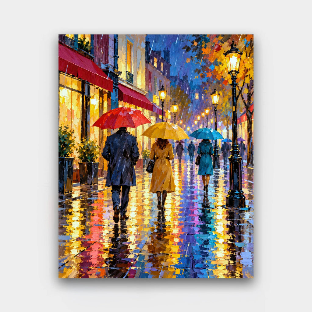 Rainy Boulevard paint by numbers kit of people with umbrellas on a rainy city boulevard at night with glowing lamp reflections