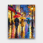 Rainy Boulevard paint by numbers kit of people with umbrellas on a rainy city boulevard at night with glowing lamp reflections