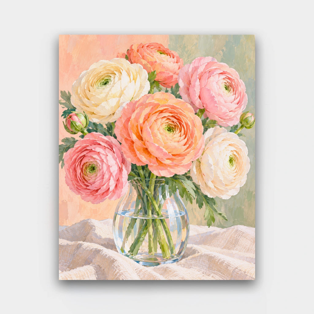 Ranunculus in Glass paint by numbers kit of peach, pink and cream ranunculus in a clear glass vase on linen