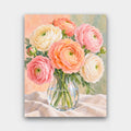 Ranunculus in Glass paint by numbers kit of peach, pink and cream ranunculus in a clear glass vase on linen
