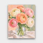 Ranunculus in Glass paint by numbers kit of peach, pink and cream ranunculus in a clear glass vase on linen