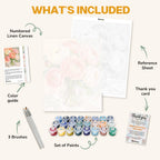 What's included in the Ranunculus in Glass paint by numbers kit: numbered linen canvas, reference sheet, color guide, 24 acrylic paints, 3 brushes and thank you card