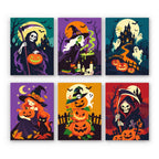 Reapers and Witches mini paint by numbers set: six bold Halloween scenes with grim reapers, witches, a haunted castle and stacked jack-o'-lanterns
