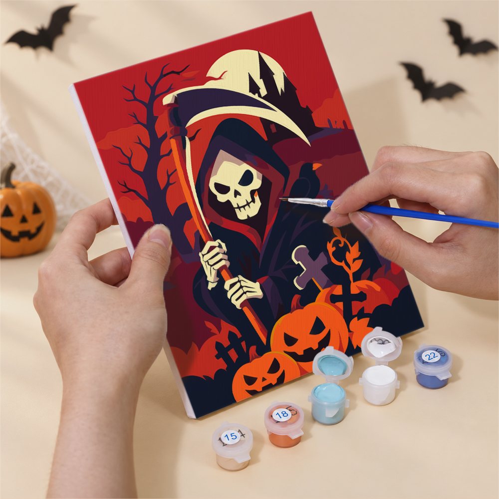 Numbered paint pots and brushes on a pre-stretched Reapers and Witches mini canvas