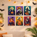 Before and after of a Reapers and Witches mini paint by numbers canvas