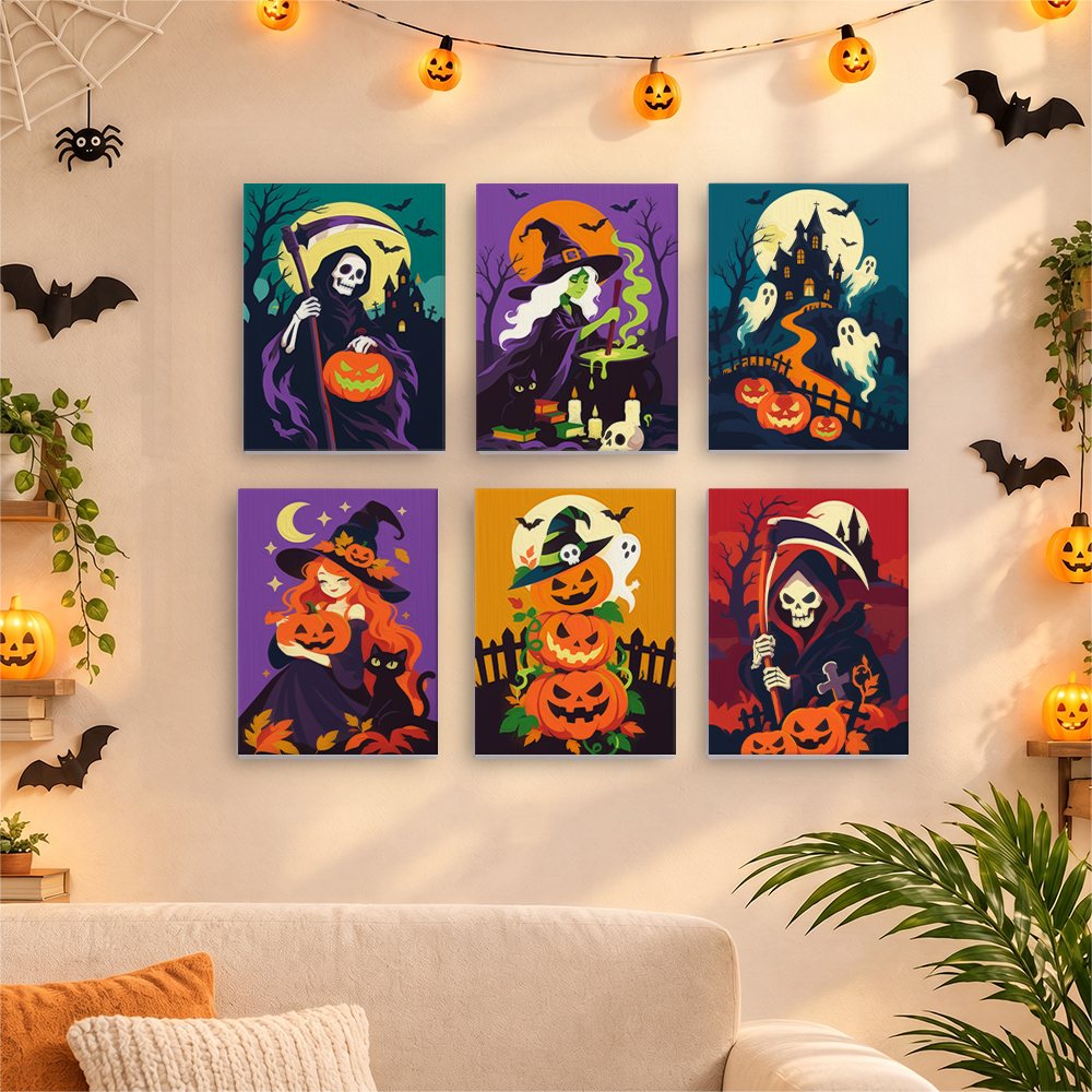 Before and after of a Reapers and Witches mini paint by numbers canvas