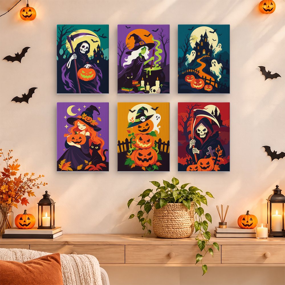 Painting a Reapers and Witches mini canvas propped up beside numbered acrylic paints