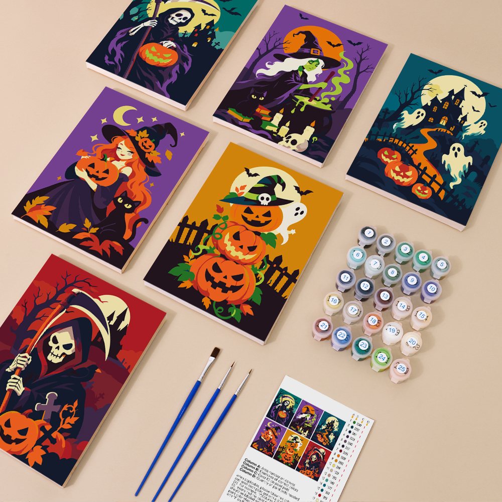 Painting one of the Reapers and Witches designs next to a stack of mini canvases