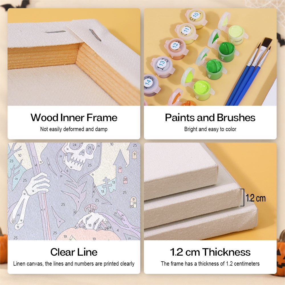 Reapers and Witches mini paint by numbers kit with six numbered canvases, acrylic paints, brushes and layout