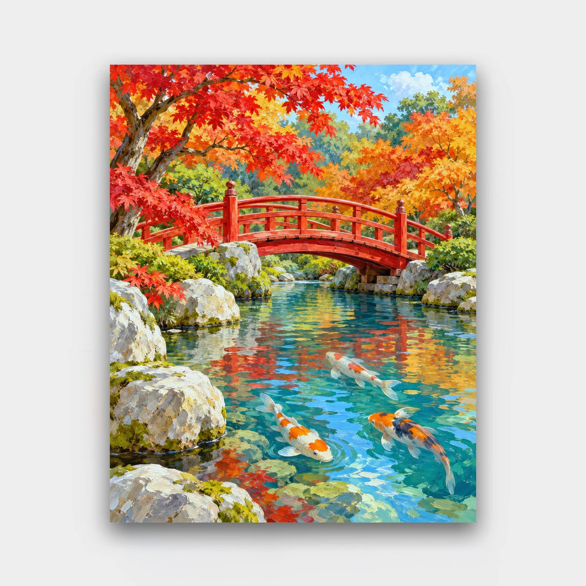 Red Bridge in Autumn paint by numbers kit of a red arched bridge over a koi pond among red and orange autumn maples
